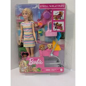 Barbie Stroll 'n Play Pups Playset W Blonde Barbie Doll 2 Pups Pet Stroller New